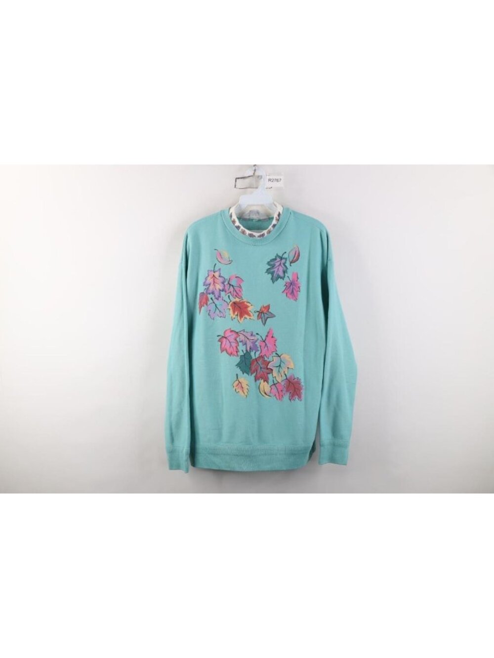 Vtg 90s Streetwear Womens Large Nature Fall Leaf Layered Sweatshirt Light Blue